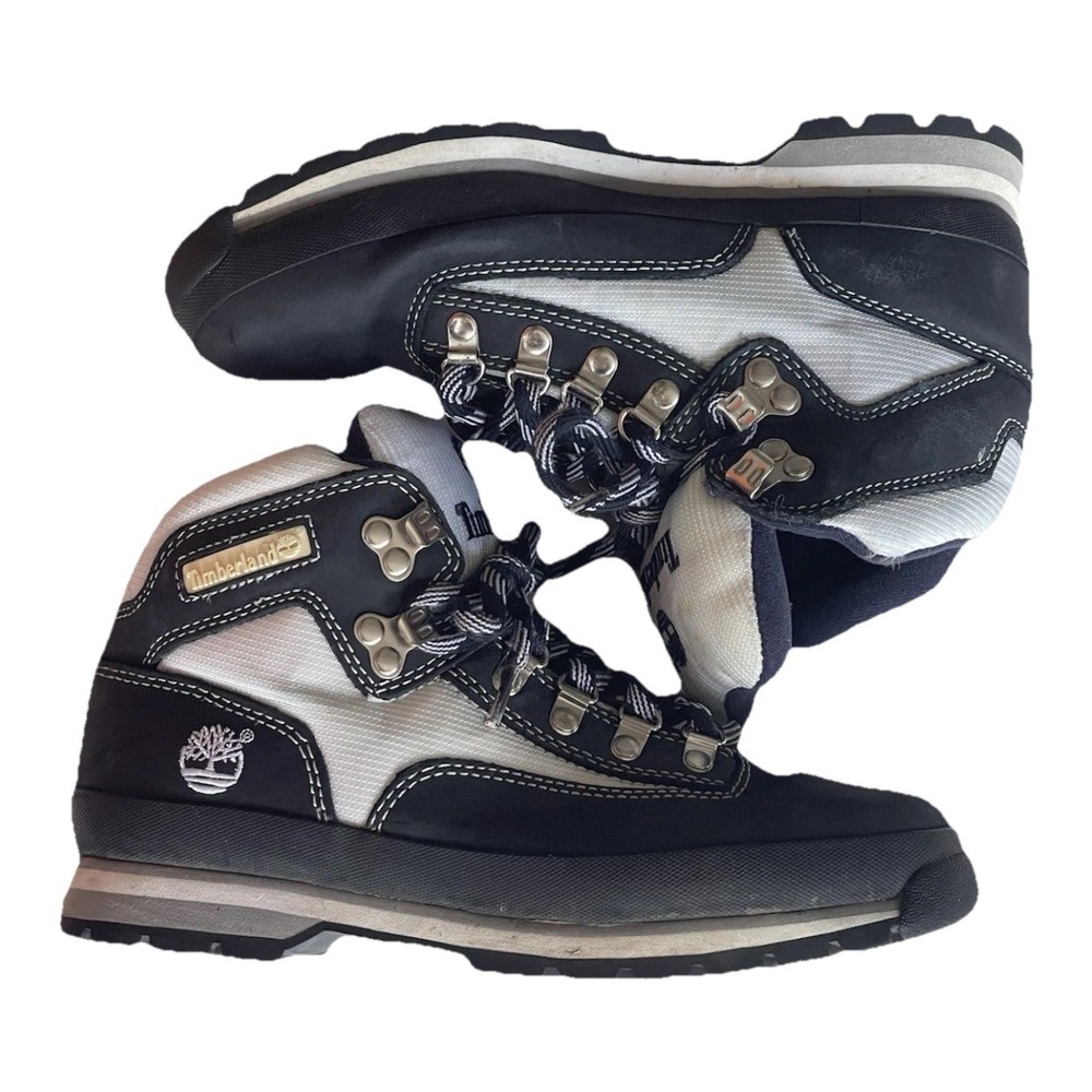 Timberland Euro Hiker Boots Mens 8.5M Navy Blue White Leather Canvas EUC